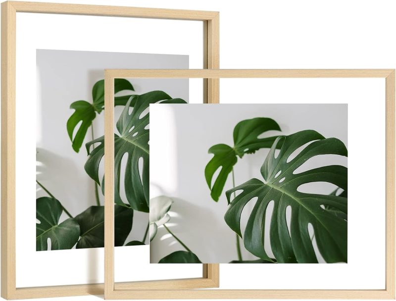 11x14 Floating Frames Set of 2, Double Plexiglass Picture Frame, Made of Solid Wood Display Any Size Photo up to 11x14, Wall Mount or Tabletop Standing, Natural Wood