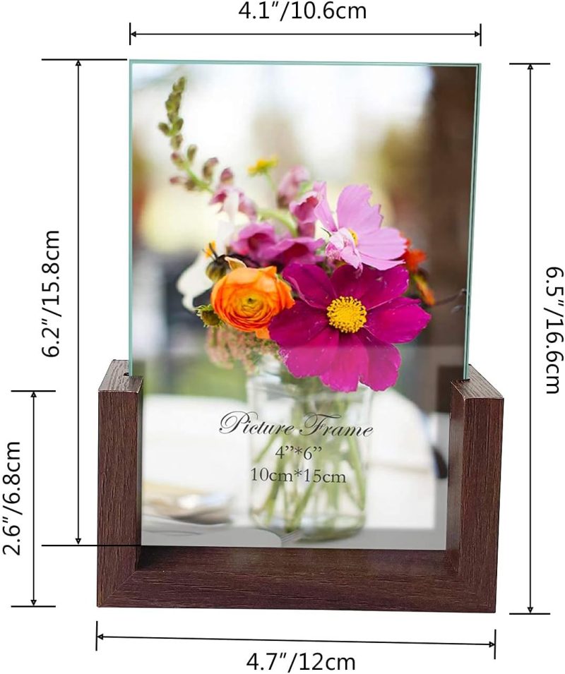 4x6 Picture Frame Set of 2, Rustic Double Sided Tempered Glass Photo Frames with Wooden Base for Tabletop or Desktop Display