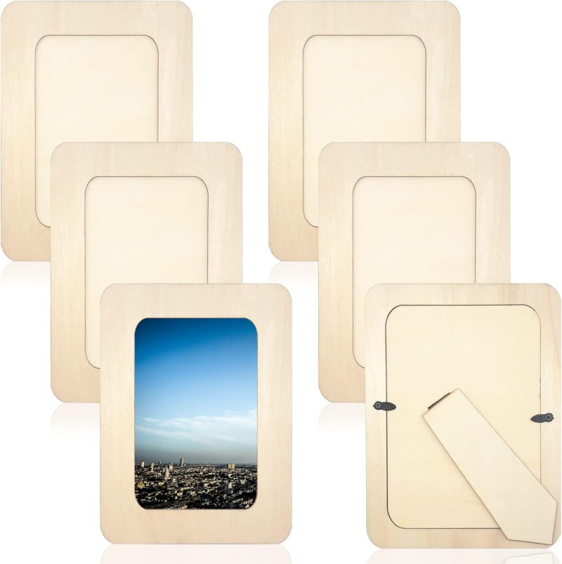 6 PCS DIY Wooden Picture Frames Unfinished Solid Wood Photo Picture Frames for 4 x 6 in Photos, Standing Wooden Photo Frames for Crafts Wood, DIY Painting, Arts Projects (Rectangle)