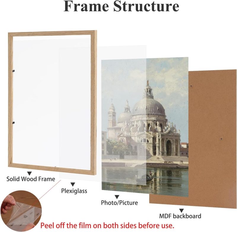 8x10 Wood Picture Frame Set of 6 Wooden Photo Frame Natural Solid Oak Wood Grain Beige Frame with glass for Wall Hanging and Tabletop Display - Image 2