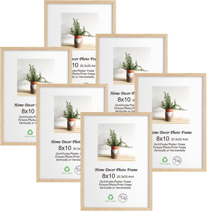 8x10 Wood Picture Frame Set of 6 Wooden Photo Frame Natural Solid Oak Wood Grain Beige Frame with glass for Wall Hanging and Tabletop Display