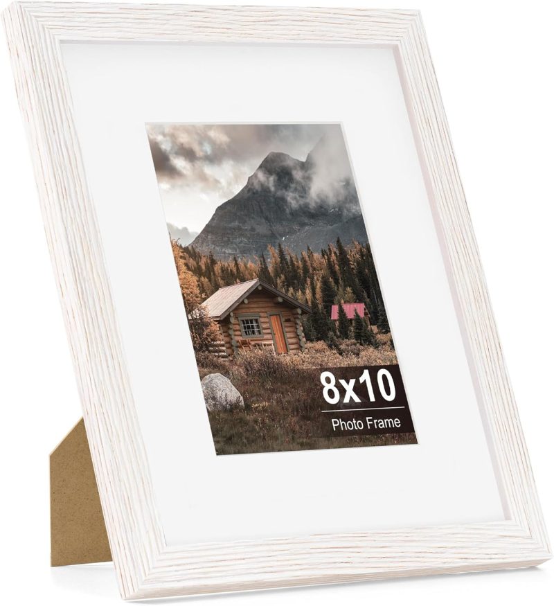 8 x 10 Photo Frame, Rustic Wooden Picture Frames Distressed White, 8x10 Picture Frame with Mat for 5x7, 8 by 10 Picture Frames with Plexiglass for Displaying Tabletop or Wall Mount - White