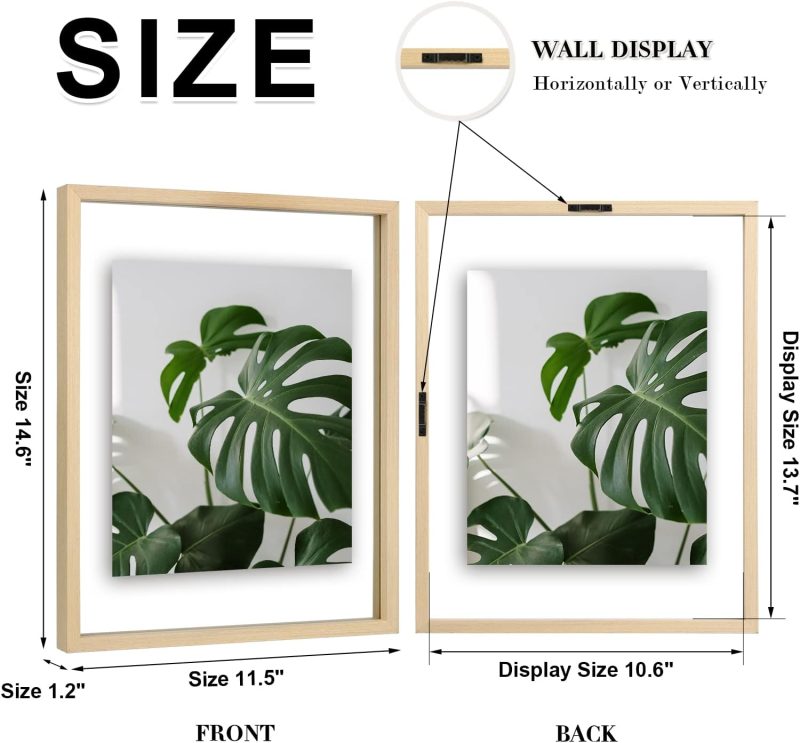 11x14 Floating Frames Set of 2, Double Plexiglass Picture Frame, Made of Solid Wood Display Any Size Photo up to 11x14, Wall Mount or Tabletop Standing, Natural Wood - Image 2
