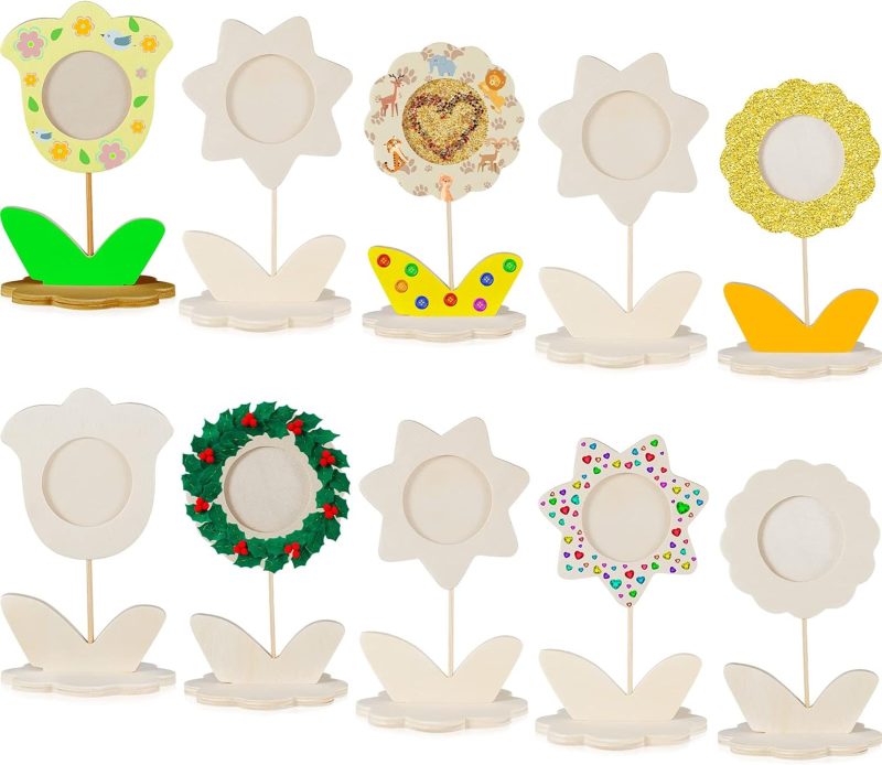 12 Pcs DIY Wood Flower Shape Picture Frames Unfinished Solid Wood Picture Frames Painting Crafts Wooden Photo Frame for Kids Birthday Gift Arts Activities Decorative DIY Projects