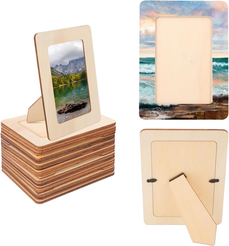 30 Pack Unfinished Wooden Picture Frames Set with 4x6 inch Photos, Wooden Frames for Crafts, Standing Postcard & Photos Picture Frame Set –Suitable for Crafts DIY, Souvenir decoration