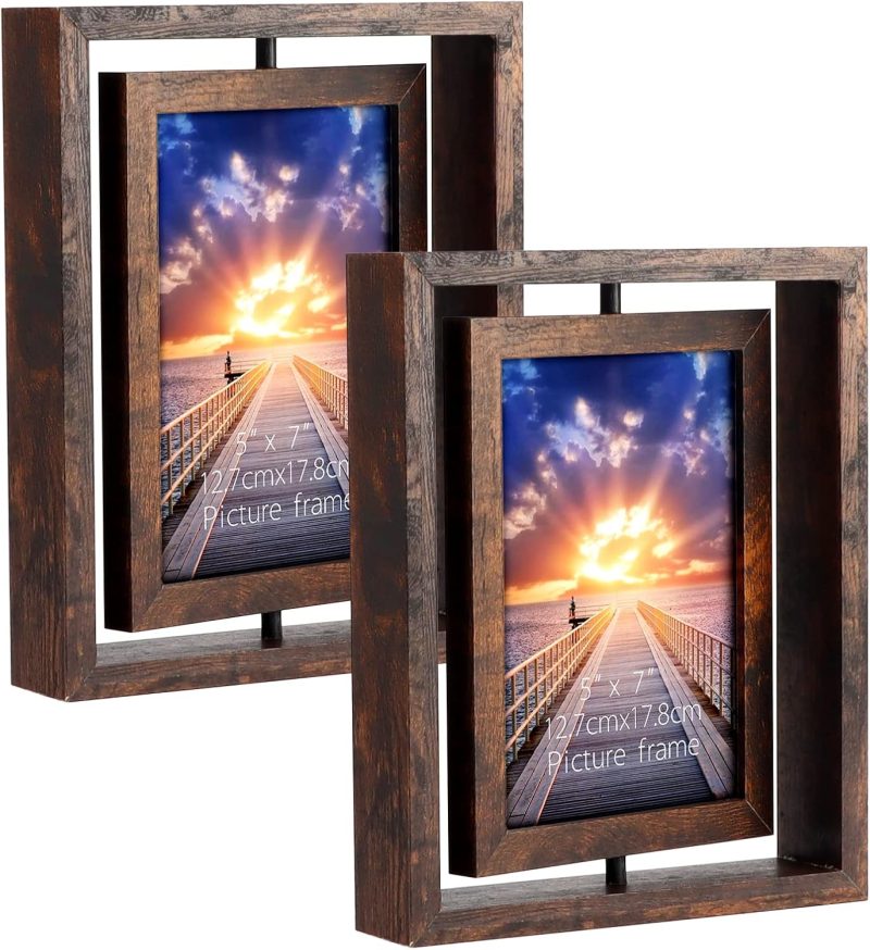 2 Pack 5x7 Rustic Rotating Floating Picture Frames, Photo Frames for Vertical or Horizontal Tabletop Display, Brown