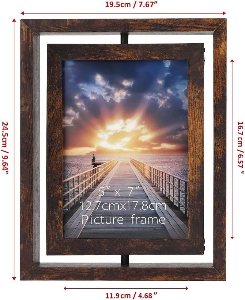 2 Pack 5x7 Rustic Rotating Floating Picture Frames, Photo Frames for Vertical or Horizontal Tabletop Display, Brown