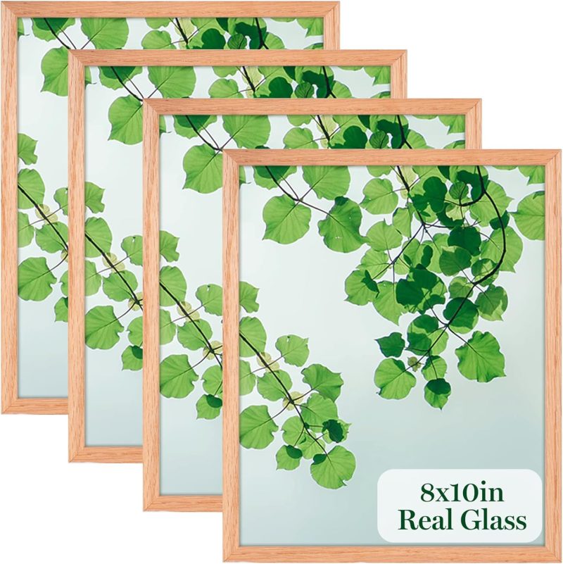 8x10 Picture Frame OAK Solid Wood Photo Frame Set of 4 with Real Glass for Desktop and Home Decor