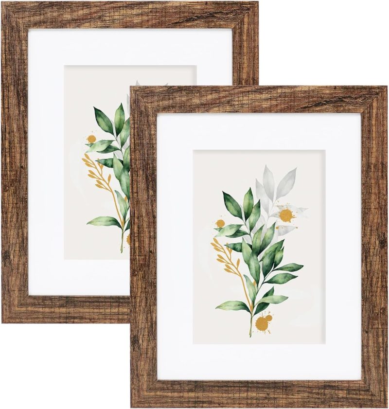 8x10 Picture Frame Set of 2, Made of Real Glass and Rustic Brown Wooden Frame - Display Picture 5x7 with Mat or 8x10 Without Mat, 8 by 10 Photo for Wall or Tabletop