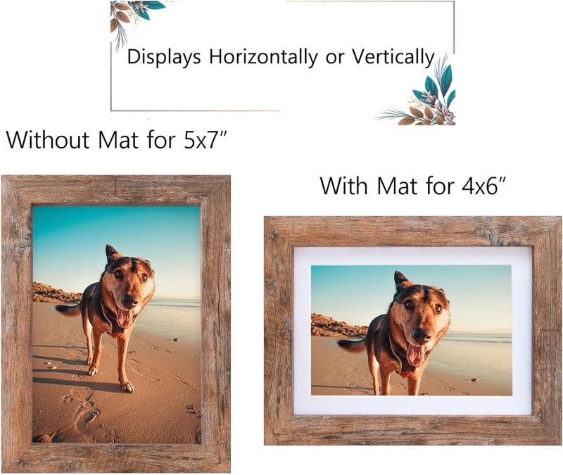 5x7 Picture Frame - Can Display Photo 4x6 with Mat, Wood Frame with Shatterproof Plexiglass, Horizontal and Vertical Display for Wall and Tabletop, Rustic Brown - Image 2